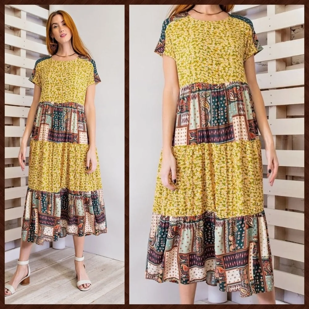 EASEL "Pretty Days" Cottagecore Mix Print Free Flow & Relaxed Pleated Maxi Dress - Picture 15 of 16